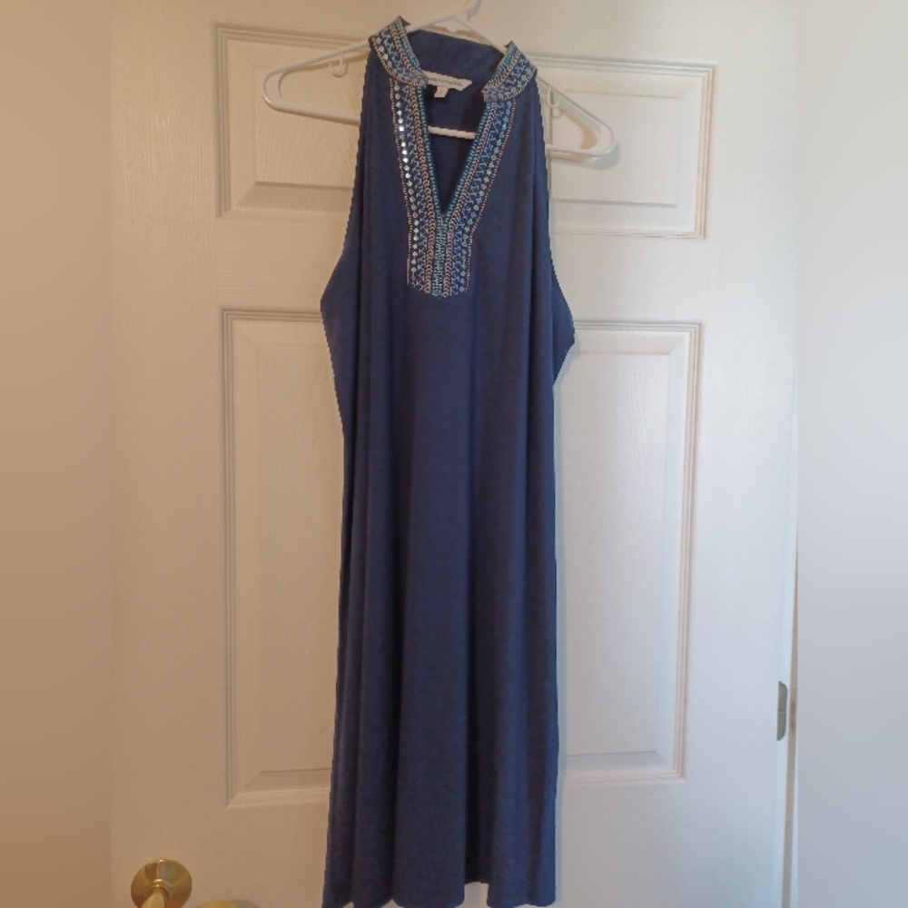 Sunset & Sweet Tea Womens Size XL Navy Blue Embroidered & Beaded V-Neck Dress